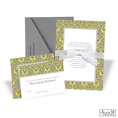Two-Color Damask Border Invitation - Pewter and Canary