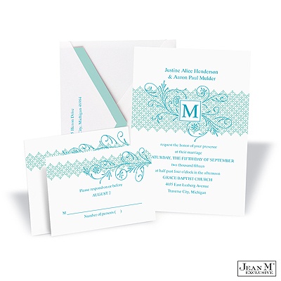 Blossoming Monogram Invitation - Aqua