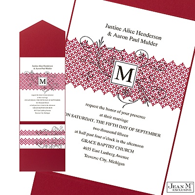 Blossoming Monogram Pocket Invitation - Merlot