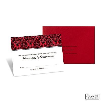 Two-Color Damask Response Card and Envelope - Black and Cherry Red