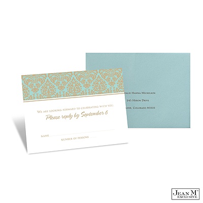 Two-Color Damask Response Card and Envelope - Champagne and Aqua