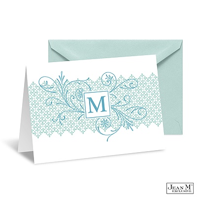 Blossoming Monogram Note Card and Envelope - Aqua
