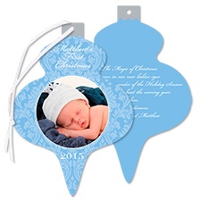 Little Damask Photo Holiday Card Ornament - Cornflower