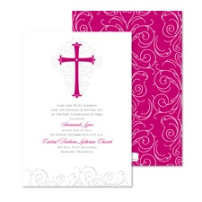 Modern Cross First Communion Invitation - Raspberry