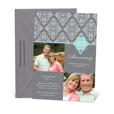 Bold Damask Photo Anniversary Invitation - Aqua
