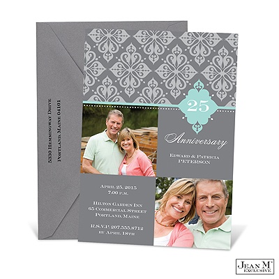 Bold Damask Photo Anniversary Invitation - Aqua