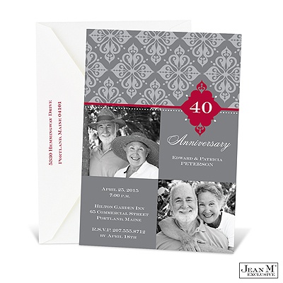 Bold Damask Photo Anniversary Invitation - Merlot