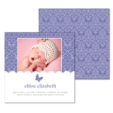 Butterfly Damask Photo Baby Announcement - Lilac