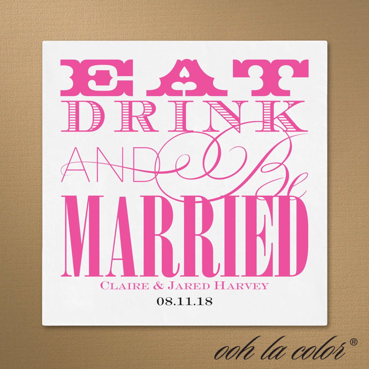 personalized wedding napkins with eat drink and be married design and bride and grooms names and date