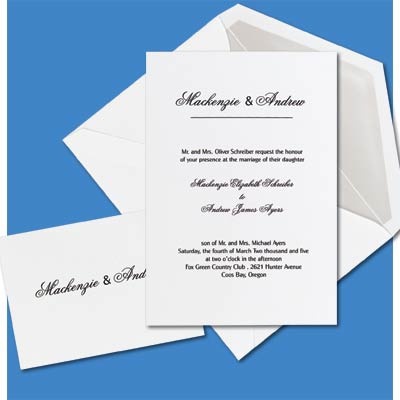 This bright white invitation presents your wedding day wording with elegant