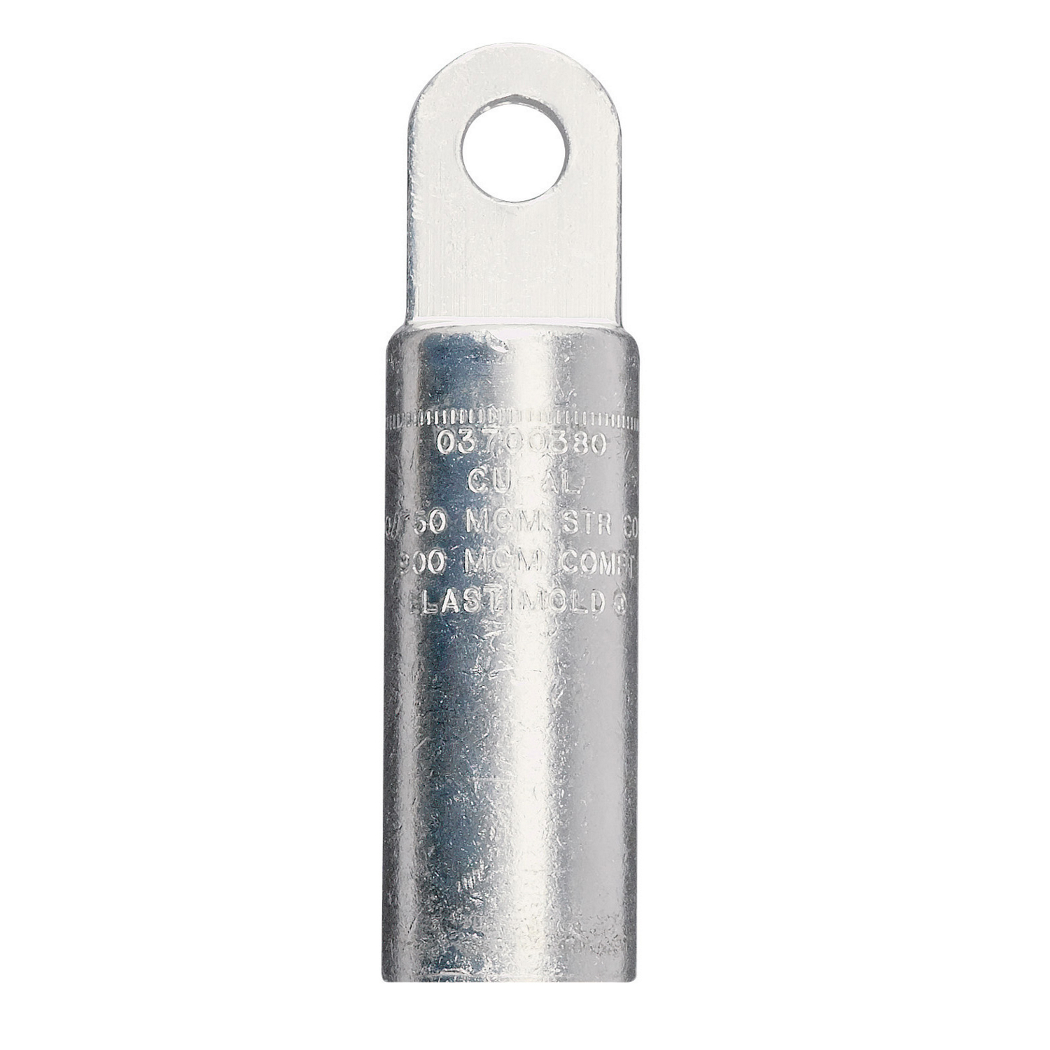 Product image for ABB Elastimold 03700360 15/25/35kV 600 Amp Series Deadbreak Compression Lug (Tin-Plated Aluminum). Conductor Size kcmil Compressed/Stranded 650 or Compacted/Solid 750/800. Length 5.94 inches. Diameter 1.38 Inches. 1-Hole Pad, .50" Thick. Hole Size .688" Diameter.