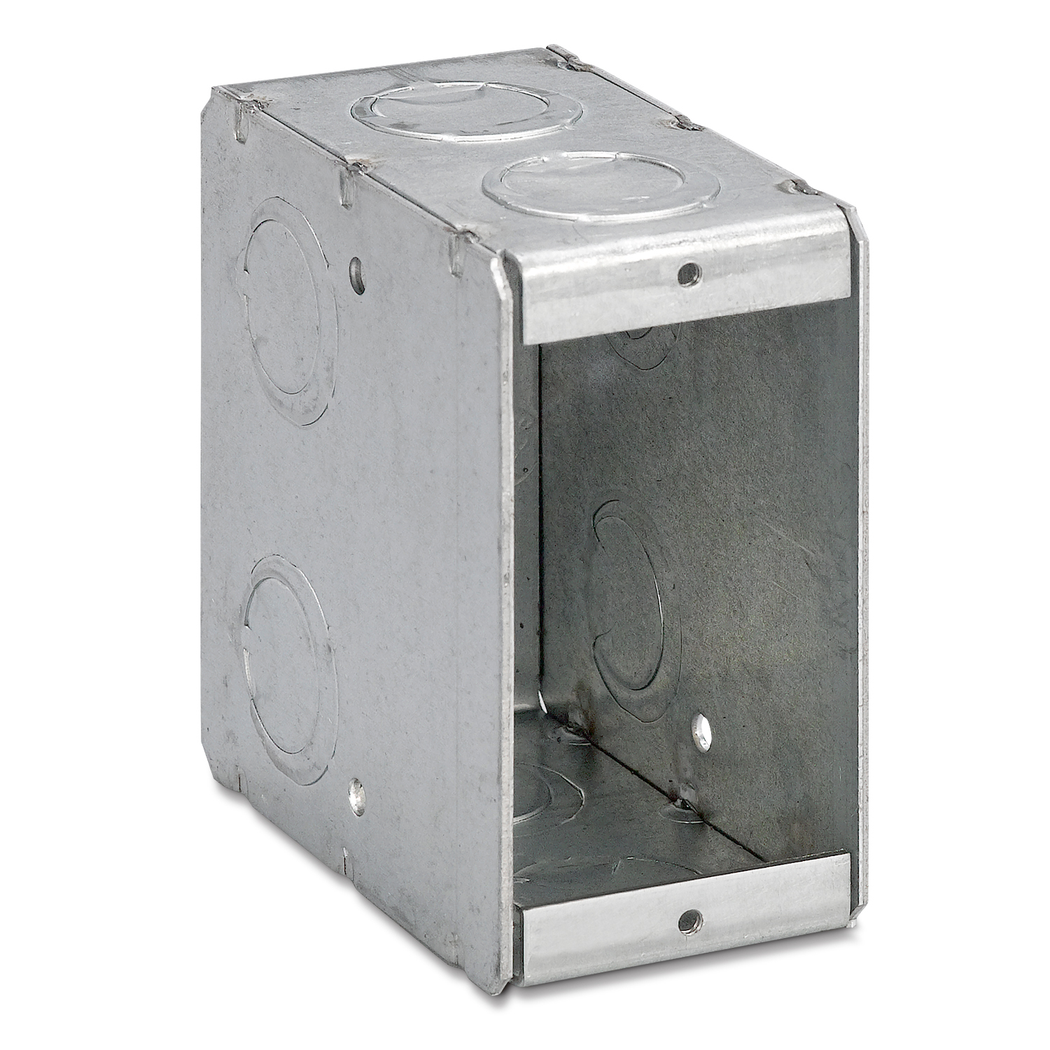 Steel City® Masonry Box, Deep Welded, 1 Outlet, 1 Gang, 8 Knockouts, 1/2 in, 3/4 in Knockout, Knockout Cable Entry, Threaded Mounting, 22 cu-in Capacity, Steel, Galvanized, Silver, 3-3/4 in L x 1-7/8 in W x 3-1/2 in D Dimensions