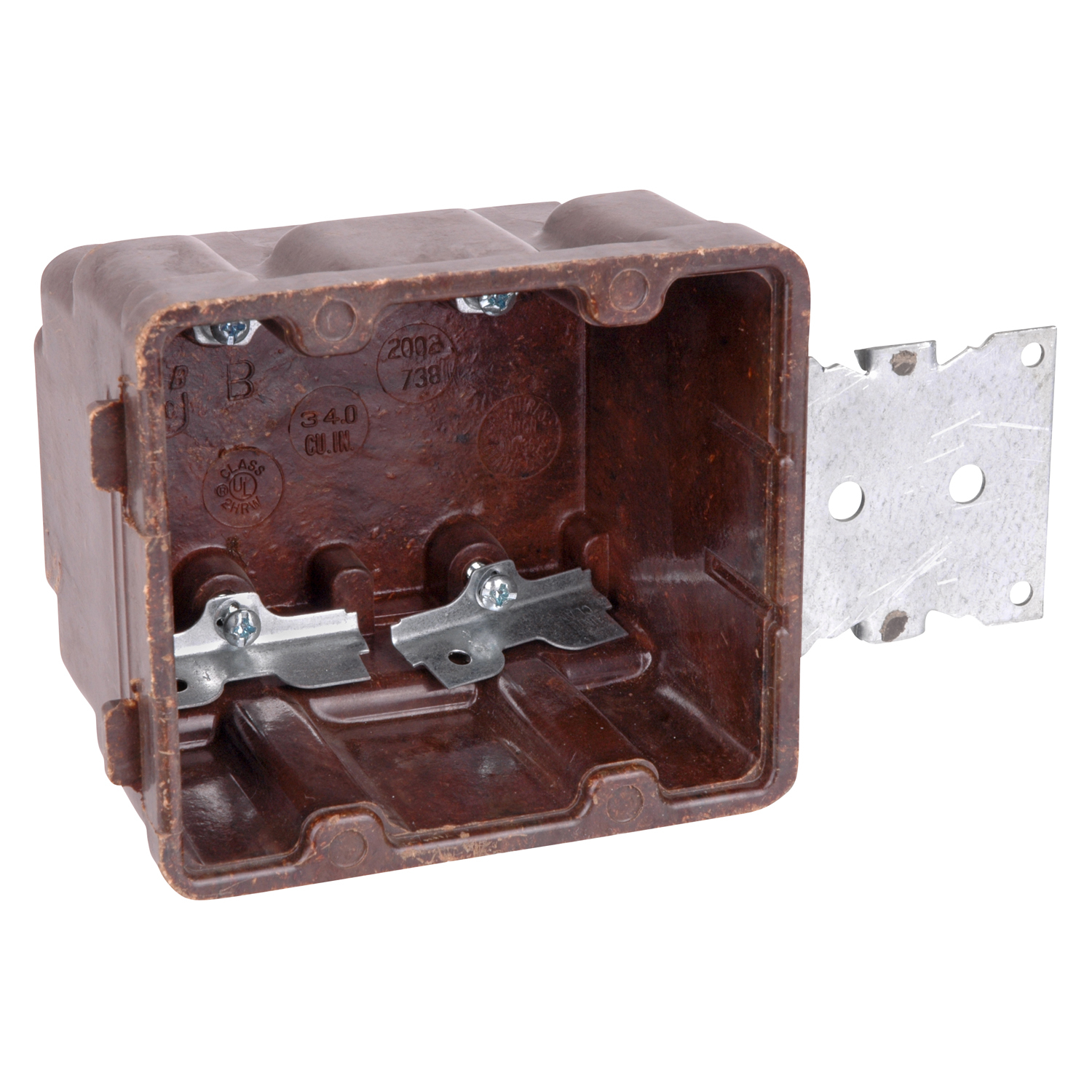 Product image for Carlon 2002-738-C 2-Gang Brown Phenolic Outlet Box w/ Offset Bracket/High Clamps, 3/8" Offset Wallboard, 3-1/4" Deep, 34.0cu.in