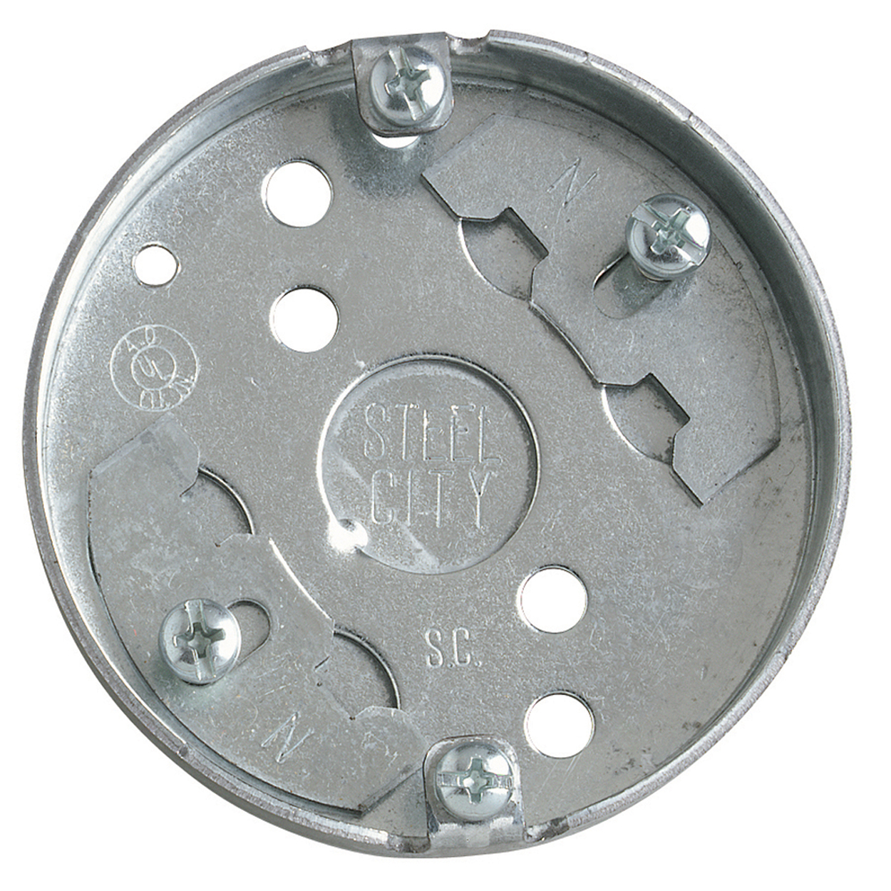 Steel City® Ceiling Box, 1 Outlet, 1/2 in Knockout, Knockout Cable Entry, 3-1/4 in Diameter, Round Shape, Surface Mounting, 4 cu-in Capacity, Steel, Pre-Galvanized, Silver, 1/2 in D Dimensions