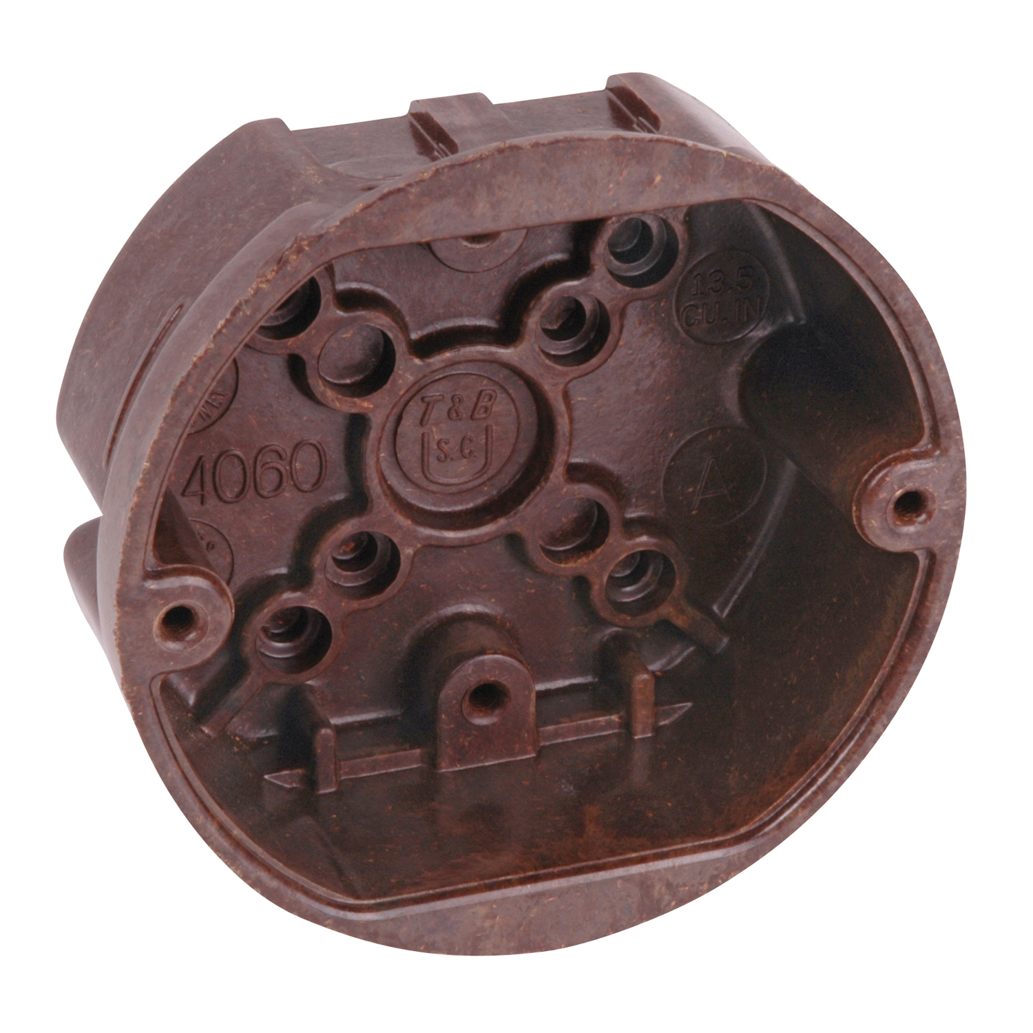 Carlon® Ceiling/Fixture Outlet Box, 4 in Diameter, Round Shape, Nail-On/Threaded Mounting, 13.5 cu-in Capacity, Phenolic, Brown, 1-5/8 in D Dimensions