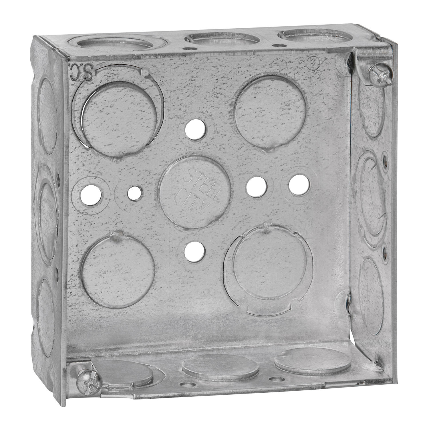 Product image for Steel-City 52151-1/2-3/4-EW 4" Steel Square Box, 1-1/2" Deep, 21 cu.in. w/ 1/2" & 3/4" Eccentric KOs