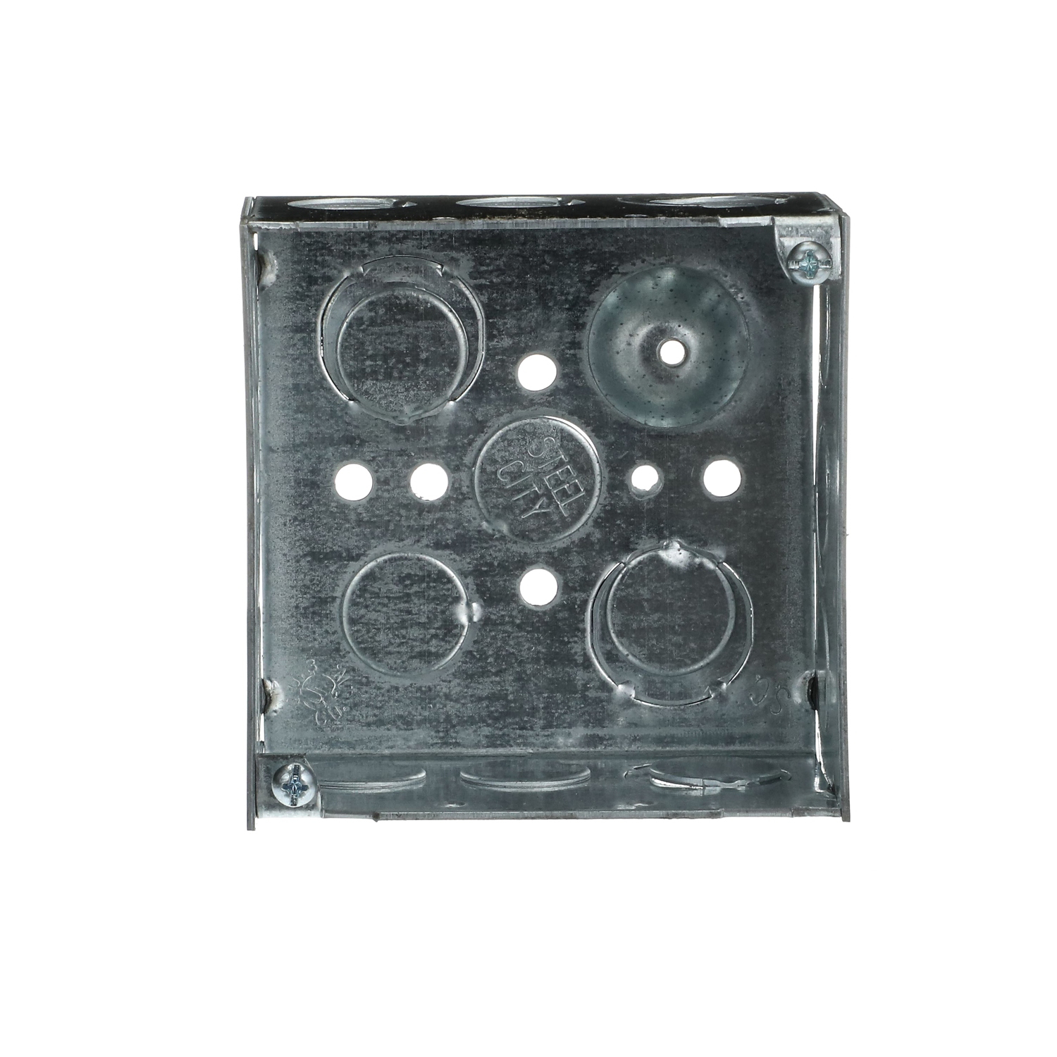 Product image for Steel-City 52171-1/2-3/4-E 4" Steel Square Box, 2-1/8" Deep, 30.3 cu.in. w/ 1/2" & 3/4" Eccentric KOs and Ground Bump