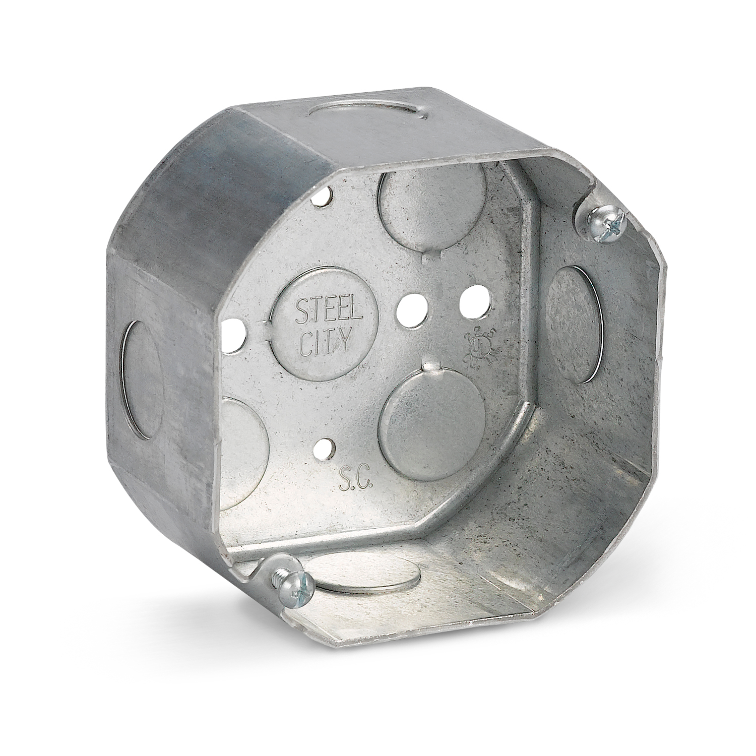 Steel City® Octagon Ceiling Box, 1 Outlet, 2 Knockouts, 1/2 in Knockout, Knockout Cable Entry, 4 in Diameter, Octagonal Shape, 22.5 cu-in Capacity, Steel, Pre-Galvanized, Silver, 2-1/8 in D Dimensions