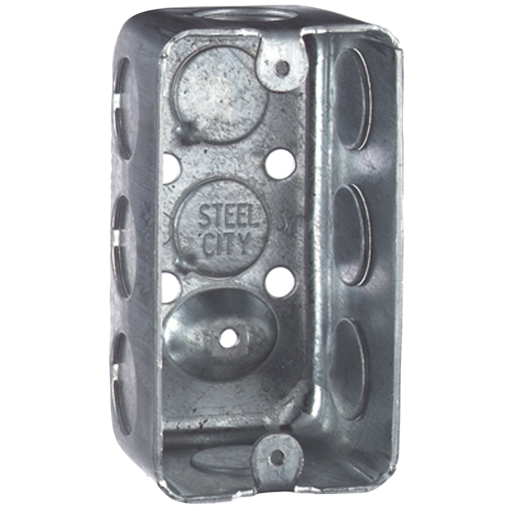 Steel City® Utility Box, 1 Outlet, 1 Gang, 10 Knockouts, 1/2 in Knockout, Knockout Cable Entry, Screw-On/Nail-On Mounting, 10.3 cu-in Capacity, Steel, Pre-Galvanized, Silver, 4 in L x 2-1/8 in W x 1-1/2 in D Dimensions