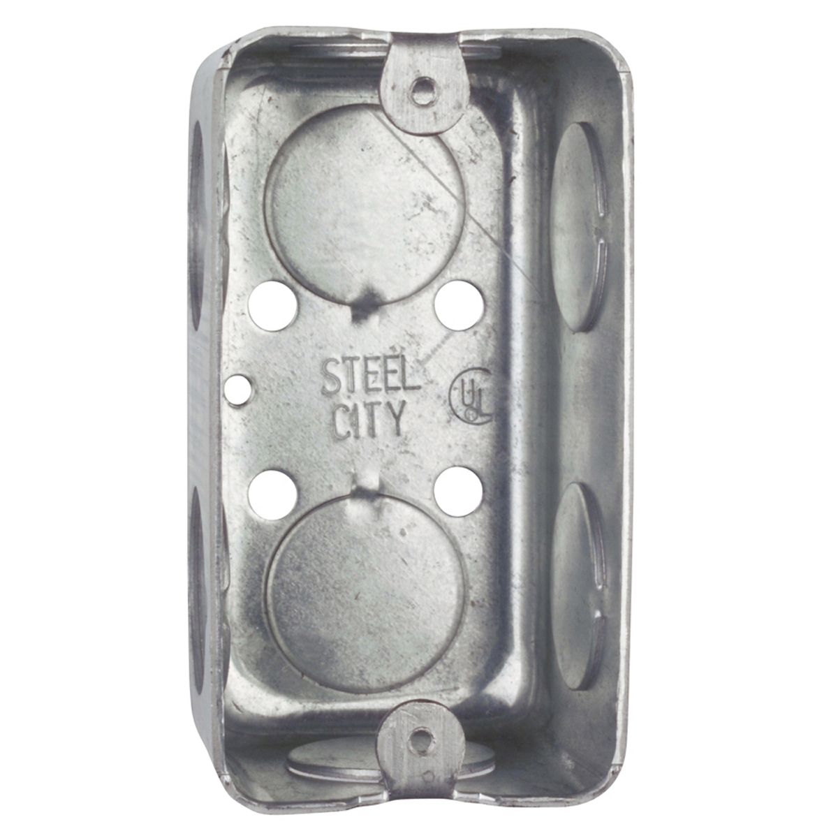 Steel City® Utility Box, 1 Outlet, 1 Gang, 8 Knockouts, 3/4 in Knockout, Knockout Cable Entry, Screw-On/Nail-On Mounting, 13 cu-in Capacity, Steel, Pre-Galvanized, Silver, 4 in L x 2-1/8 in W x 1-7/8 in D Dimensions