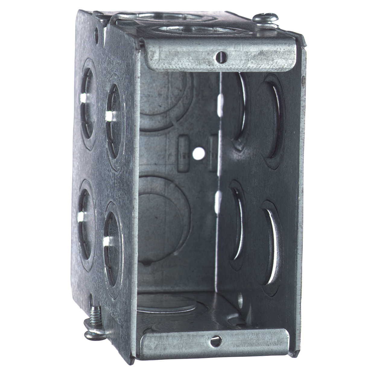 Steel City® Masonry Box, Gangable, 1 Outlet, 1 Gang, 8 Knockouts, 1/2 in, 3/4 in Knockout, Knockout Cable Entry, Threaded Mounting, 22 cu-in Capacity, Steel, Pre-Galvanized, Silver, 3-3/4 in L x 1-15/16 in W x 3-1/2 in D Dimensions