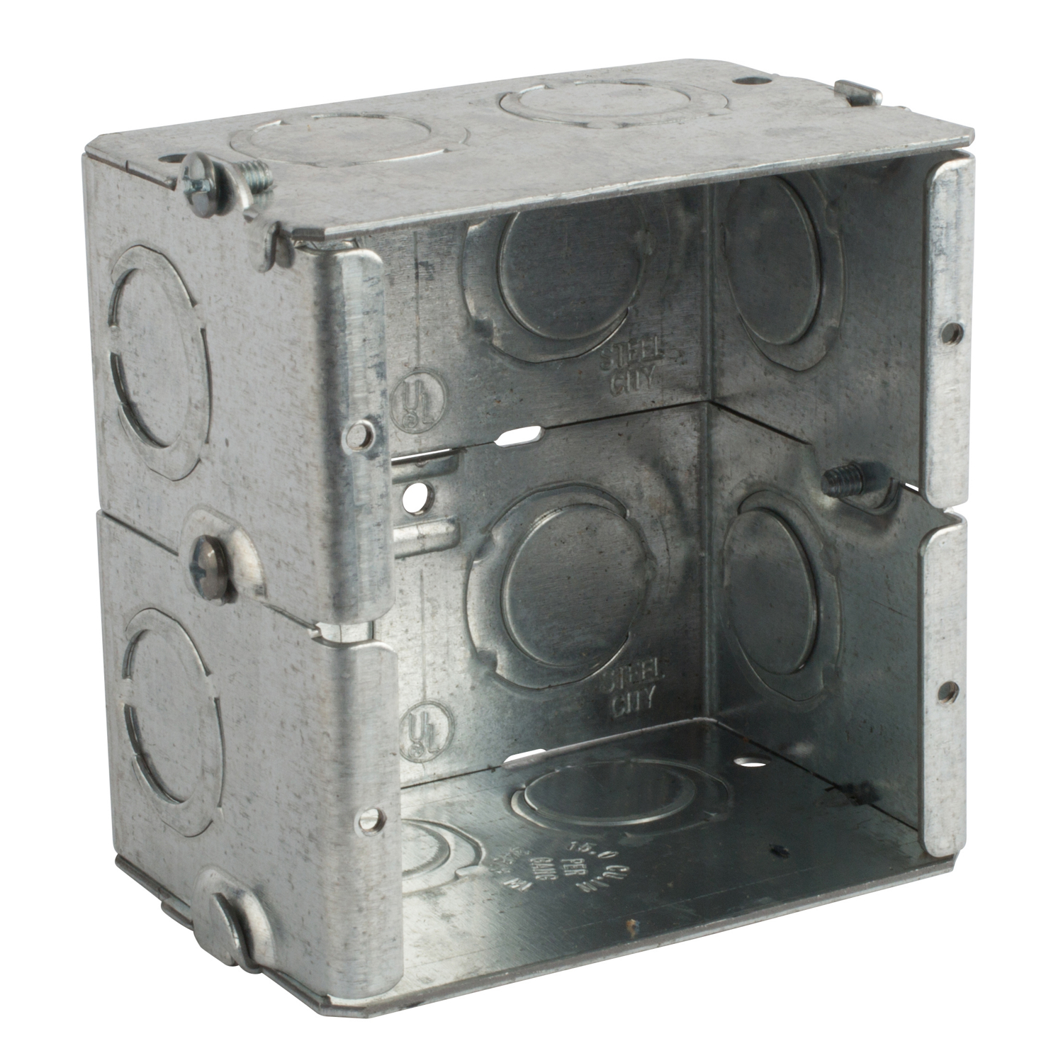 Steel City® Masonry Box, Gangable, 1 Outlet, 2 Gangs, 10 Knockouts, 1/2 in, 3/4 in Knockout, Knockout Cable Entry, Threaded Mounting, 31.6 cu-in Capacity, Steel, Pre-Galvanized, Silver, 3-3/4 in L x 3-3/4 in W x 2-1/2 in D Dimensions