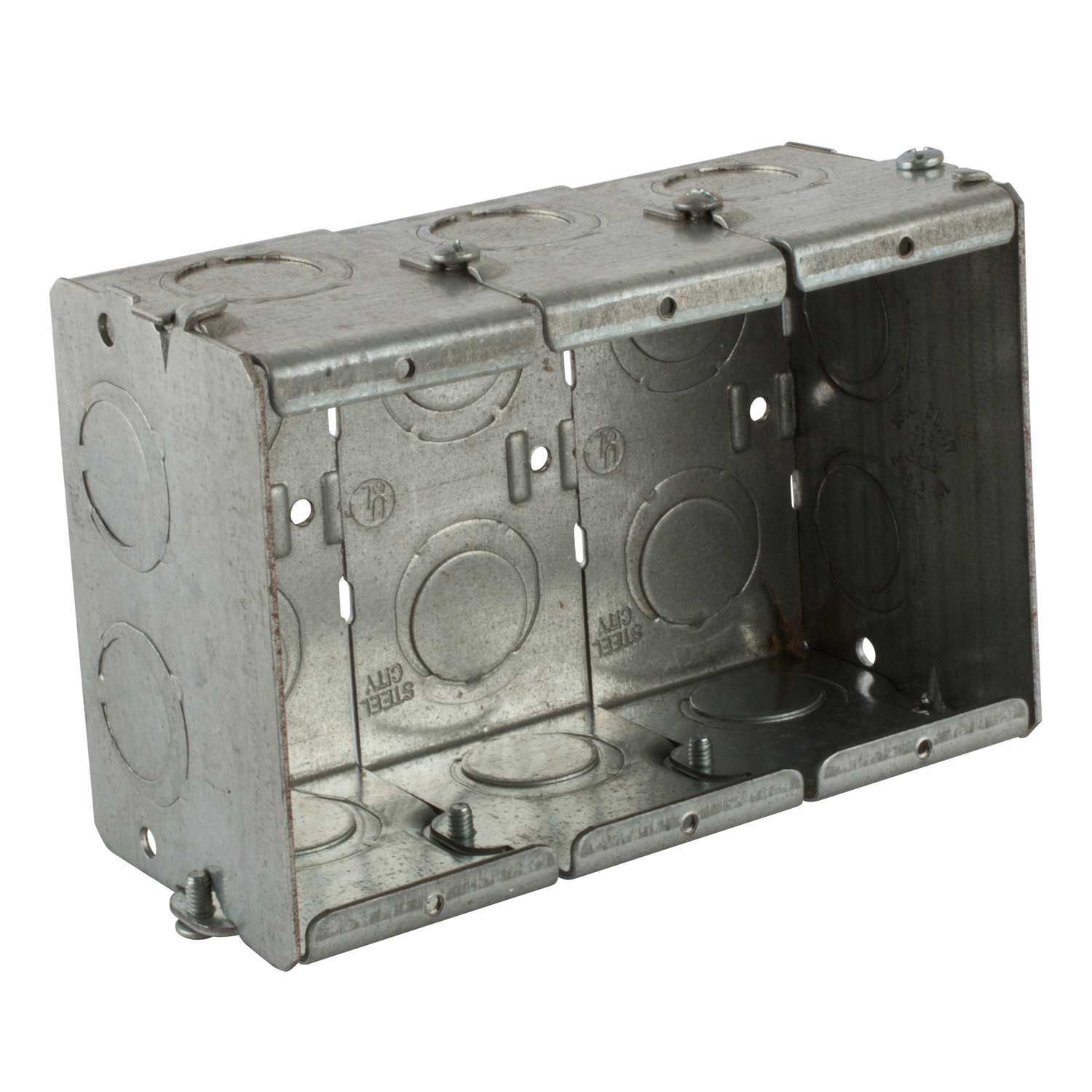 Steel City Masonry Box, Gangable, Series: GW, 3 Gangs, 14 Knockouts, 1/2 and 3/4 in Knockout, Knockouts Cable Entry, Threaded Mount, 47.4 cu-in, Steel, Electro Galvanized, 3-3/4 in L x 5-9/16 in W x 2-1/2 in D