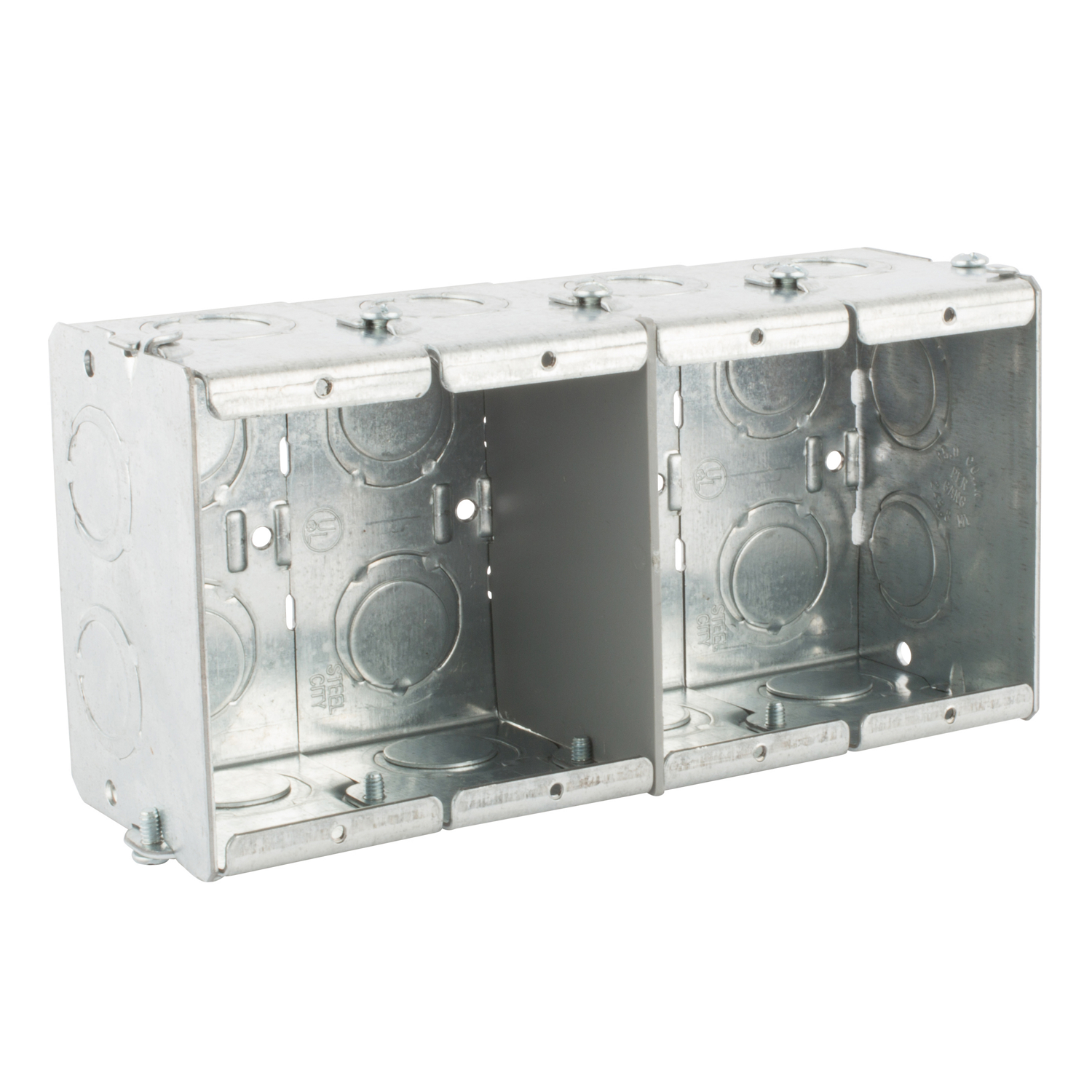 Steel City® Masonry Box, Gangable, 1 Outlet, 4 Gangs, 18 Knockouts, 1/2 in, 3/4 in Knockout, Knockout Cable Entry, Threaded Mounting, 64 cu-in Capacity, Steel, Pre-Galvanized, Silver, 3-3/4 in L x 7-3/8 in W x 2-1/2 in D Dimensions