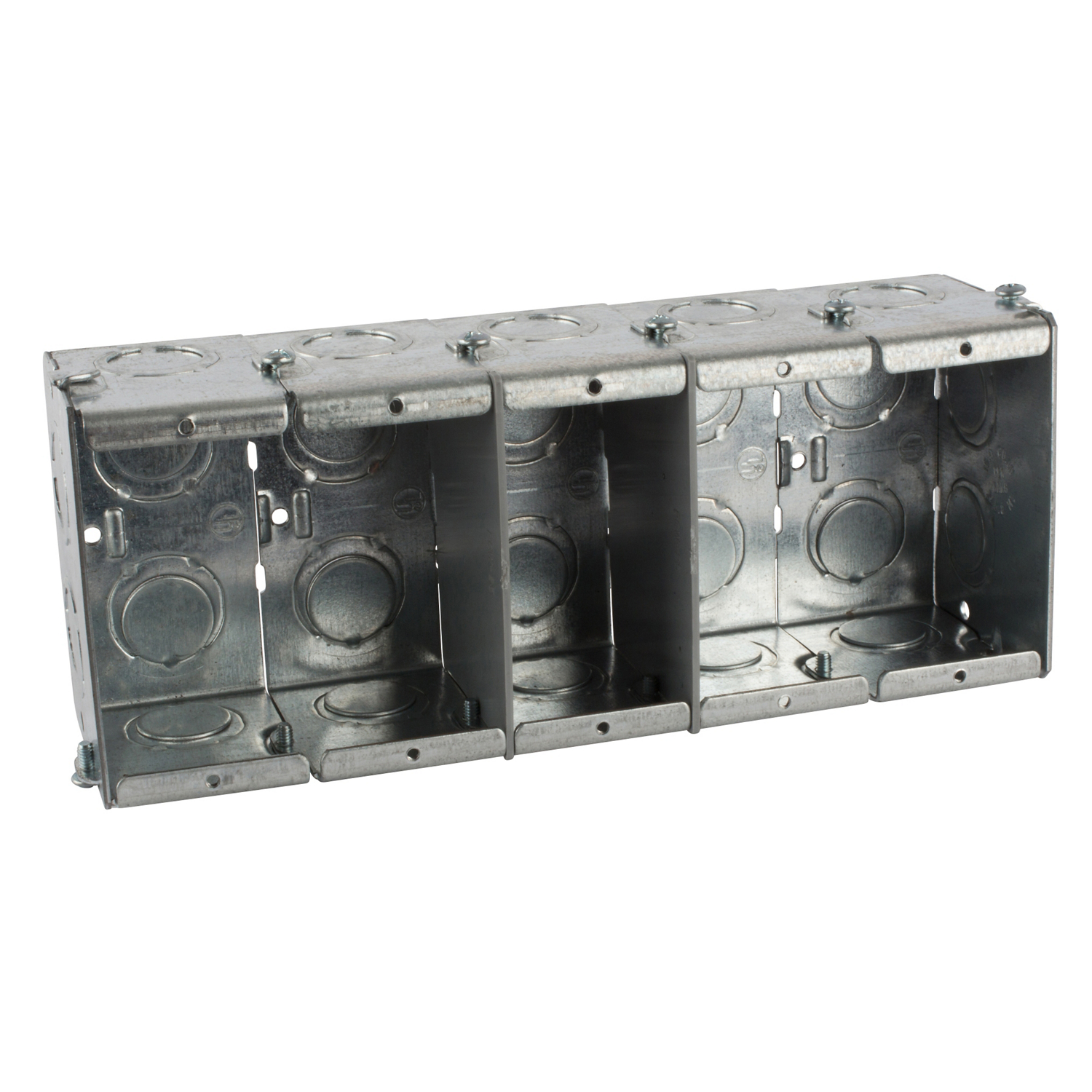 Steel City® Masonry Box, Gangable, 1 Outlet, 4 Gangs, 22 Knockouts, 1/2 in, 3/4 in Knockout, Knockout Cable Entry, Threaded Mounting, 79 cu-in Capacity, Steel, Pre-Galvanized, Silver, 3-3/4 in L x 9-3/16 in W x 2-1/2 in D Dimensions