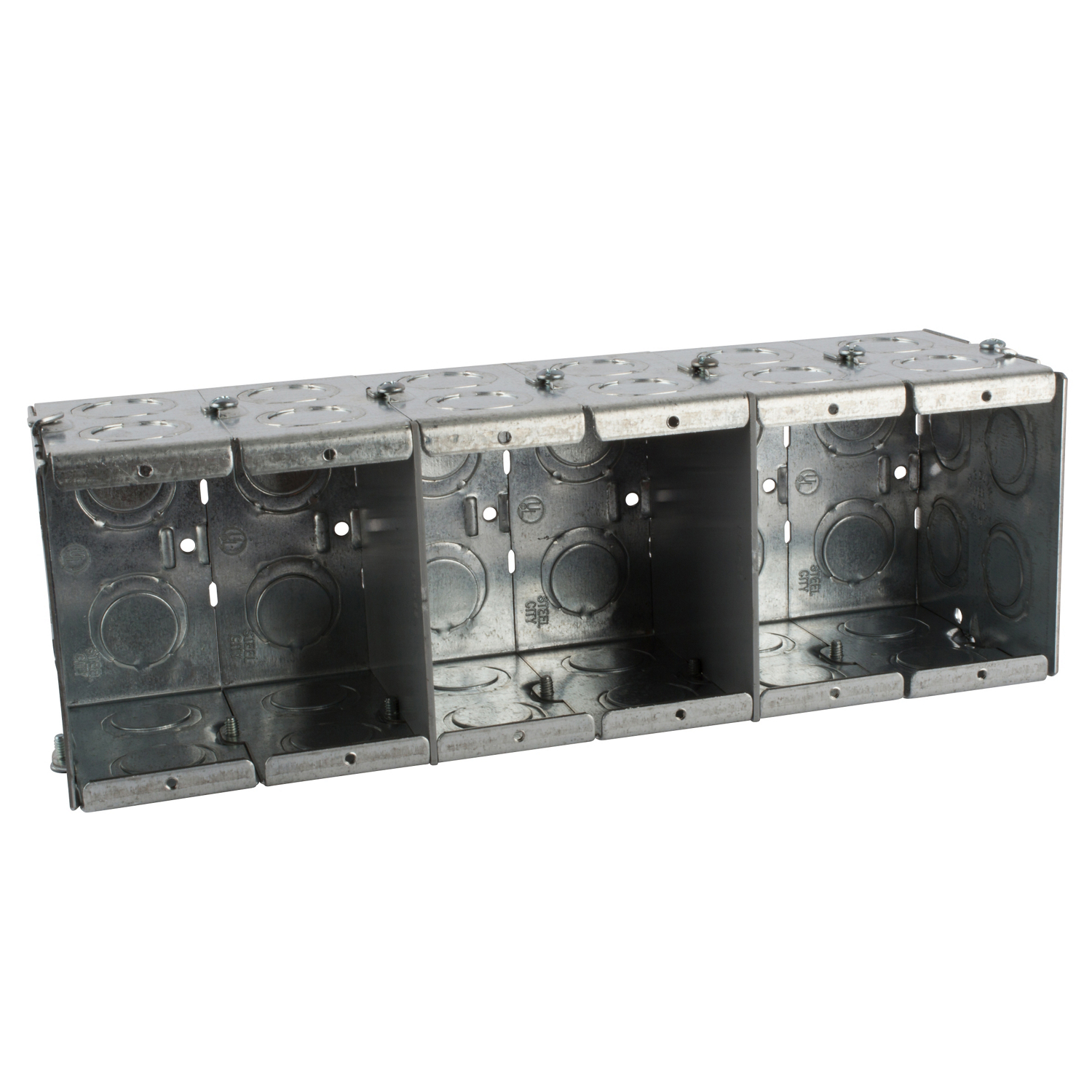 Steel City® Masonry Box, Gangable, 1 Outlet, 6 Gangs, 28 Knockouts, 1/2 in, 3/4 in Knockout, Knockout Cable Entry, Threaded Mounting, 134 cu-in Capacity, Steel, Pre-Galvanized, Silver, 3-3/4 in L x 11 in W x 3-1/2 in D Dimensions