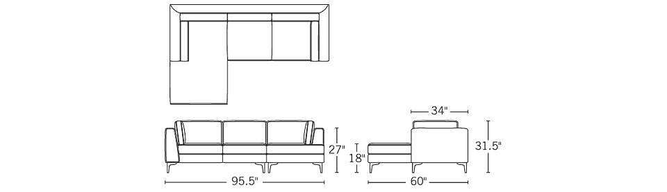   34; Chaise D 60; Arm H 26.75; Sofa Seat D 21; Chaise Seat D 46.75