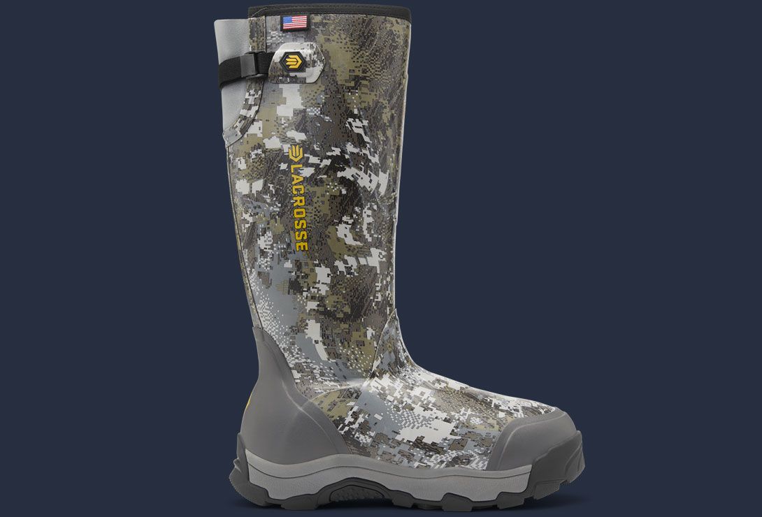 profile image of a camo rubber hunting boot with an American flag on it