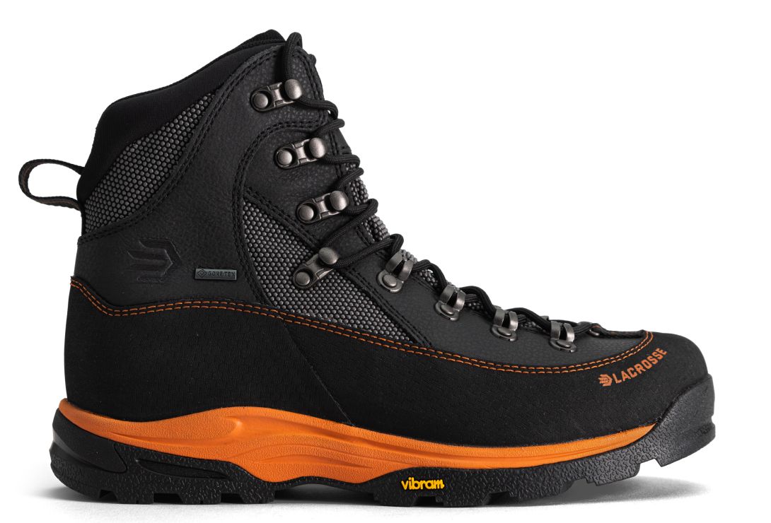 profile image of a grey hunting boot with an orange midsole.