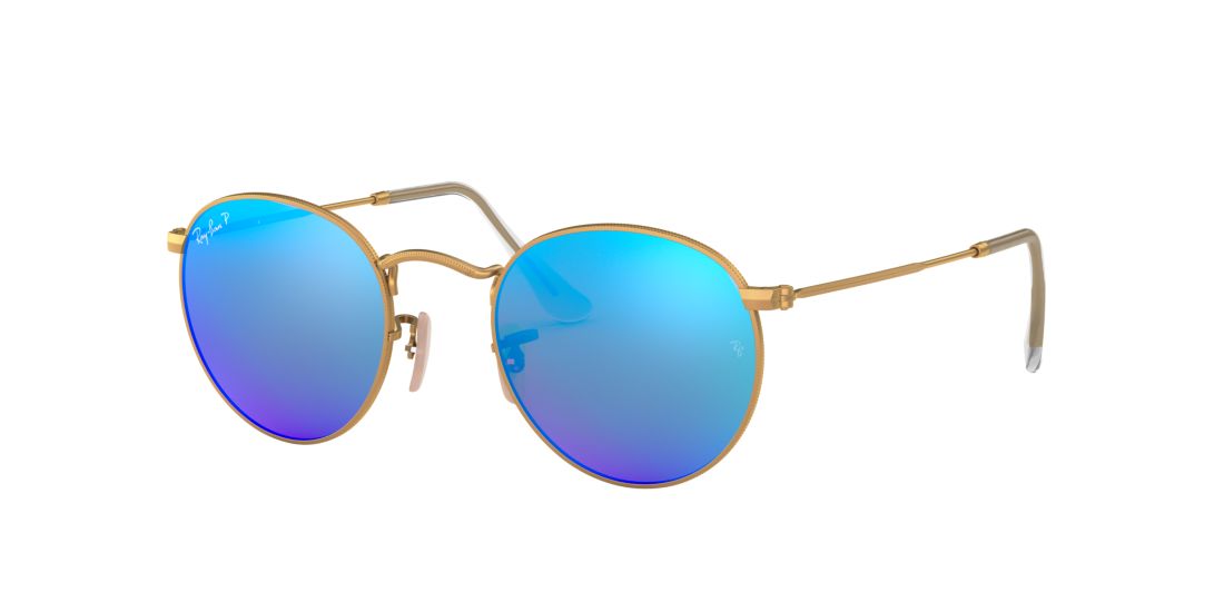 Ray Ban Unisex RB3447 ROUND FLASH LENSES - Frame color: Gold, Lens color: Blue, Size 50-21/145