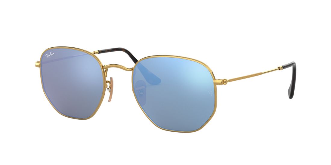 Ray Ban Unisex RB3548N HEXAGONAL FLAT LENSES - Frame color: Gold, Lens color: Blue, Size 48-21/140