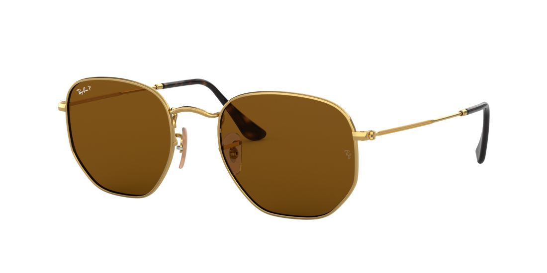 Ray Ban Unisex RB3548N HEXAGONAL FLAT LENSES - Frame color: Gold, Lens color: Brown, Size 54-21/145