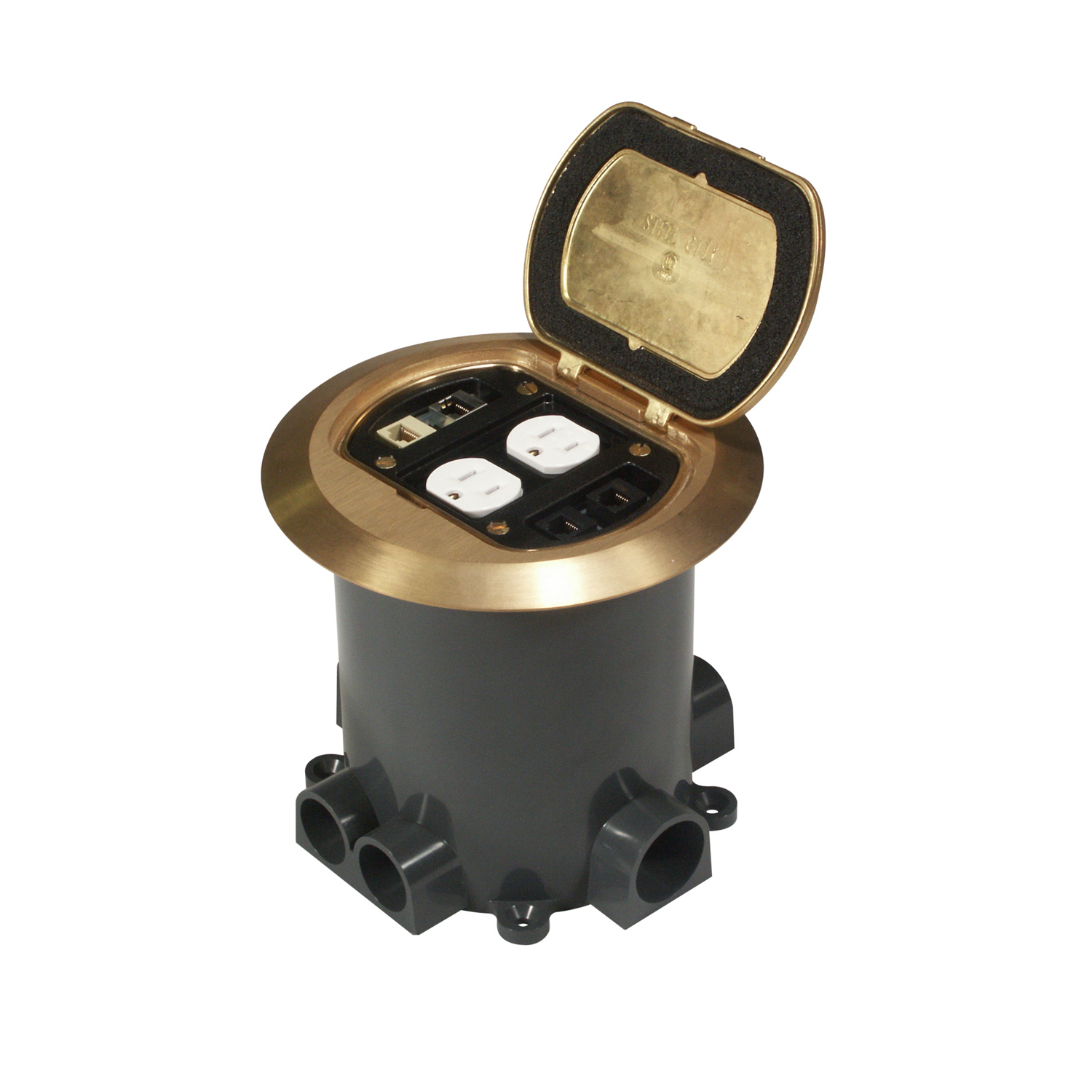 A Steel City® floor boxe with power and data outlets installed
