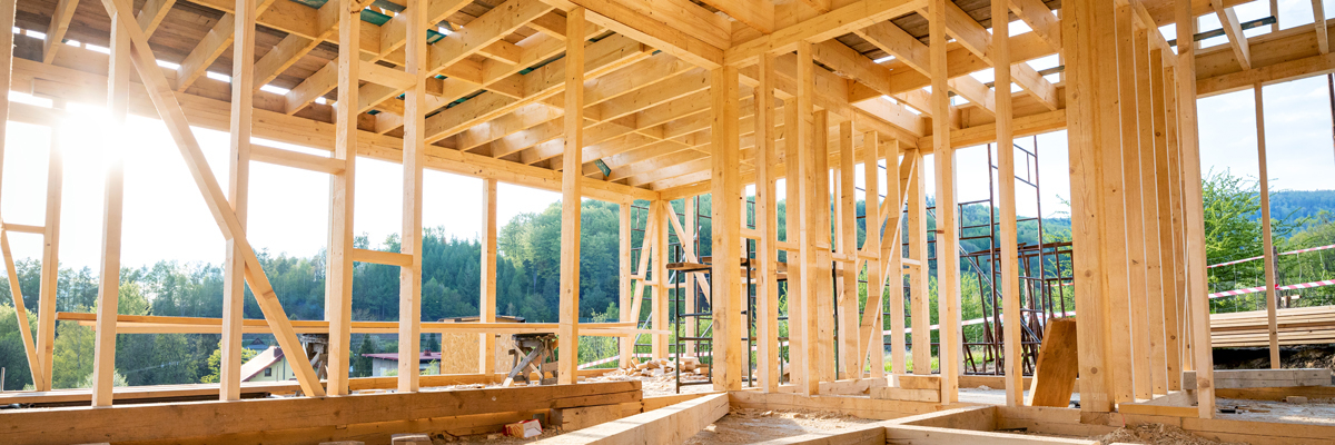Inside a wood frame house while it’s being built