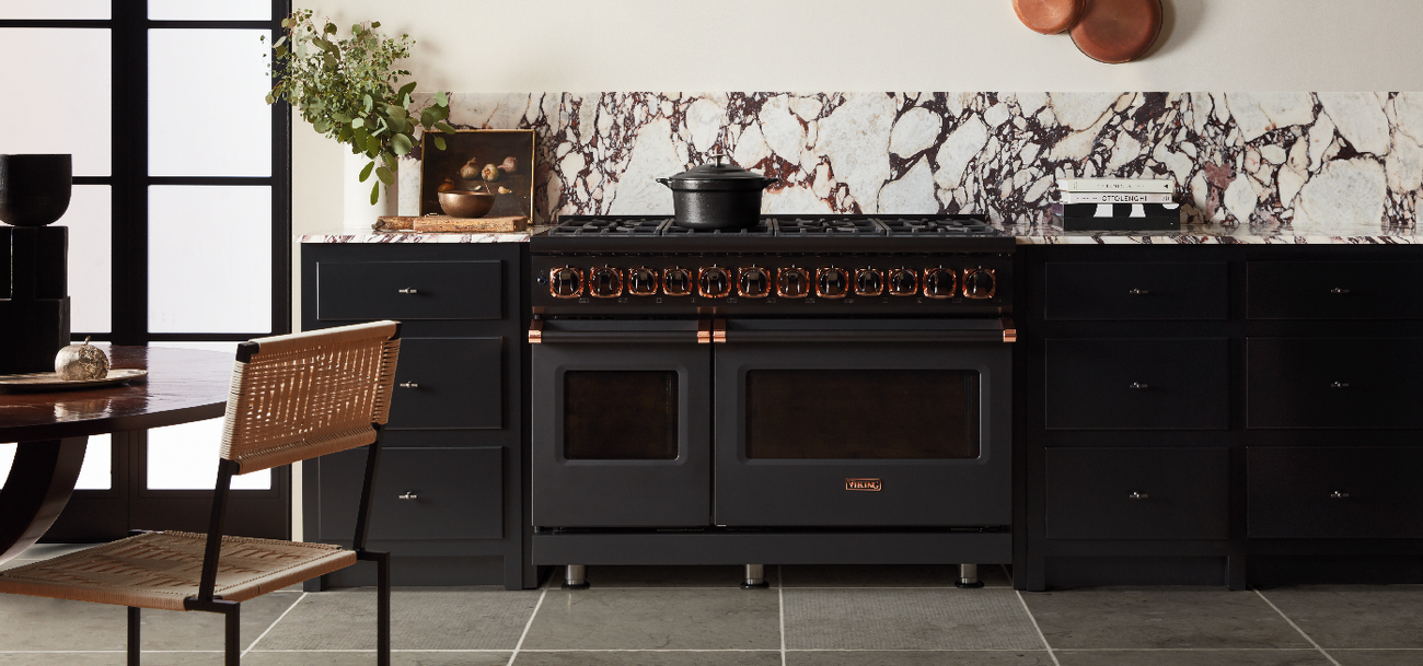 Black Viking Range with White Cabinets - Transitional - Kitchen